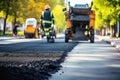 Road Construction Workers, Construction Site is Laying New Asphalt Road Pavement, Generative AI Illustration Royalty Free Stock Photo