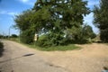 Road in the countryside that leads to a railroad crossing and that splits to a dirt road Royalty Free Stock Photo