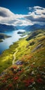 Tranquil Scottish Landscape: Aerial View Of Endless Fjord With Vibrant Wild Flowers