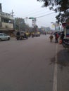 This is the road crocing with street light with green signal, there is road without devider with electric pole, cow are ther