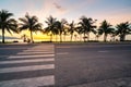 Road crossing with coconut tree line by beach at sunrise Royalty Free Stock Photo