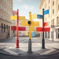 Road crosswalk adorned with signposts Royalty Free Stock Photo