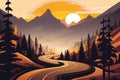 Road curve in forest and mountain landscape at dawn illustration Royalty Free Stock Photo