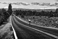 Road Cyclist Rides Toward Mountains Royalty Free Stock Photo