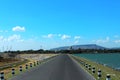 Road on the dam lake,Pasak jolasid dam is popular landmark at Lopburi in Thailand