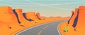 Road through a desert canyon with stones and cacti in a cartoon style