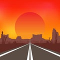 Road in the desert at sunset. Vector landscape. Royalty Free Stock Photo