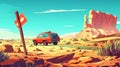 Road in the desert west with cartoon landscape background. Arizona road trip route in summer with cactus in drought sand Royalty Free Stock Photo