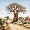 Hyperrealistic Desert Road Illustration With Baobab Tree