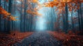 Road in dreamy mystical foggy forest in blue fog in autumn nature background AI generated Royalty Free Stock Photo
