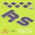 Road elements isometric. Road font. Letters R and