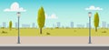 Road empty city street. Empty street or alley in a city park. Street on a Sunny summer day. Flat Vector Illustration, background