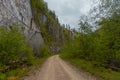 Road on the ex Reichraming narrow gauge railway, small gauge forest railway in central austria. Visible cliff and road in a curve Royalty Free Stock Photo