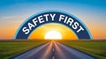 Road to the horizon with safety first message over the sun and blue sky with green fields around Royalty Free Stock Photo