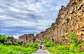 Road in a fissure between tectonic plates in the Thingvellir National Park - Iceland