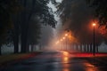 Road in the foggy park at night with lanterns on the ground, An empty illuminated country asphalt road through the trees and Royalty Free Stock Photo