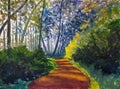 Road footpath in sunny spring forest painting