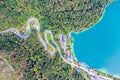 Road through forest in autumn. Aerial Drone Shot