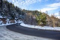 Road in forest in caucasus mountains. winter snow and pine trees. Bakuriani Royalty Free Stock Photo