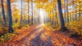 The road in the forest is covered with fallen autumn leaves, illuminated by the sun Royalty Free Stock Photo