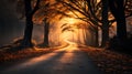 The road goes into the distance. Autumn forest at sunset