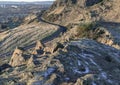 A road going along the slope of mountain range on Arthur\'s Seat at Edinburgh city on a sunny day Royalty Free Stock Photo