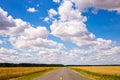 Road going into perspective, yellow fields and blue sky with cumulus clouds