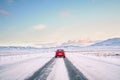 Road on the golden ring of Iceland. Traveling by car in Europe. Winter holidays in Iceland. Mountains and snow