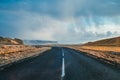 Road on the golden ring of Iceland. Traveling by car in Europe. Winter holidays in Iceland. Mountains and snow in the north