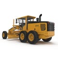 Road grader - heavy earth moving road construction equipment on white. Rear view. 3D illustration