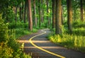 Road in green forest at sunset in summer. Bucha, Ukraine