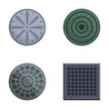 Road hatch icons set cartoon vector. Road manhole of various shape and color