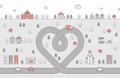 Road heart and city red and gray outline illustration.