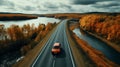 road highway autumn forest. the car is driving on the road Royalty Free Stock Photo