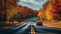 road highway autumn forest. the car is driving on the road Royalty Free Stock Photo