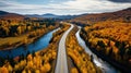 road highway autumn forest. the car is driving on the road Royalty Free Stock Photo