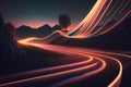 road and hills red lines. A long exposition of car lights on the freeway through the hills AI Generation Royalty Free Stock Photo