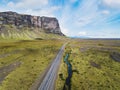 Road in Iceland near big cliff, aerial view from above, South Coast Royalty Free Stock Photo