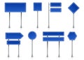 Road icons. Realistic blue street signposts with white frame on metal stand. Traffic signage and outdoor pointers