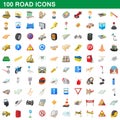 100 road icons set, cartoon style Royalty Free Stock Photo