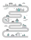 Road Illudtrated Map with Town Buildings and Transport. Vector Infographic Design