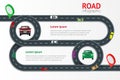 Road infographic template with colorful pin pointer vector illustration. Moving cars on road, top view. Path and travel