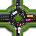 Road infographics. Top view 3d. Road interchange, roundabouts. This shows the movement of cars. Sidewalks and crossings