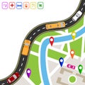 Road infographics. Winding road with markers on the map terrain. The path specifies the navigator. Displaying traffic car