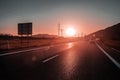 Road, infrastructure, transportation during sunset near a city, without smog, with amazing light and cars Royalty Free Stock Photo