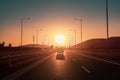 Road, infrastructure, transportation during sunset near a city, without smog, with amazing light and cars Royalty Free Stock Photo