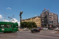 Road junction and traffic in the center of Sofia with the Statue of Saint Sophia in Sofia Bulgaria