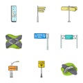 Road junctions and signs and other web icon in cartoon style.Guides and signs of traffic icons in set collection.