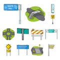 Road junctions and signs and other web icon in cartoon style.Pedestrian crossings and signs icons in set collection. Royalty Free Stock Photo