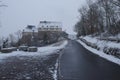 Road leading to German castle on snowy day Royalty Free Stock Photo